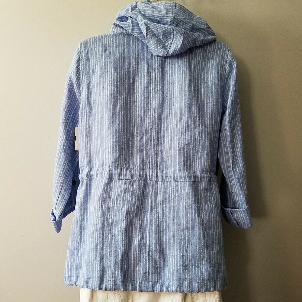 Joie women Anorak jacket Barker Linen Striped Hooded blue white fabric sz S New - Picture 7 of 9